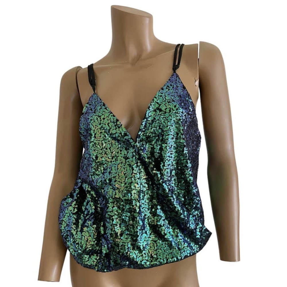 XL shimmery green blue sequin flap front tank blouse TS 4110